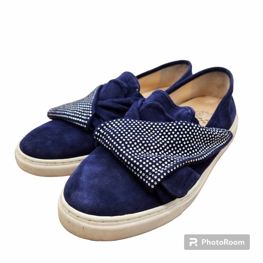 Vince Camuto Womens 8m Barita Navy Blue Suede Rhinestone Studded Slip-On Sneaker